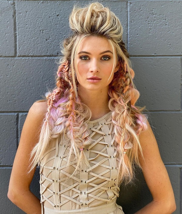 Blonde Braided Hairstyle with Pink Highlights and Back Comb
