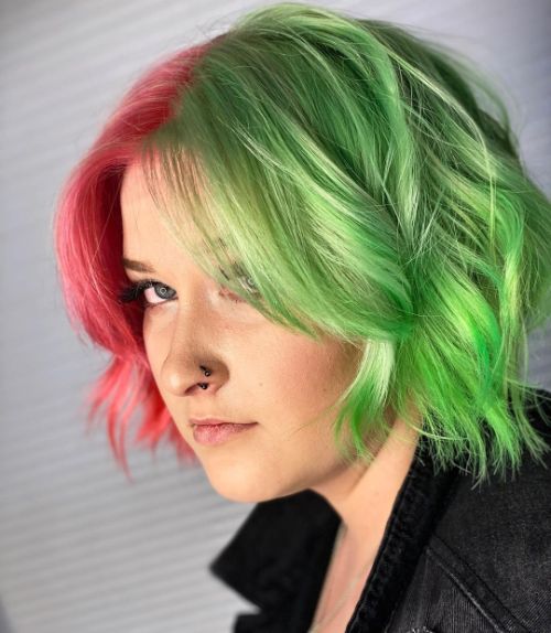 half green and half pink watermelon hair color dyeing job