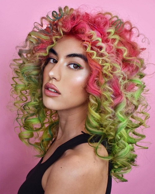 curly pink and green hairstyle
