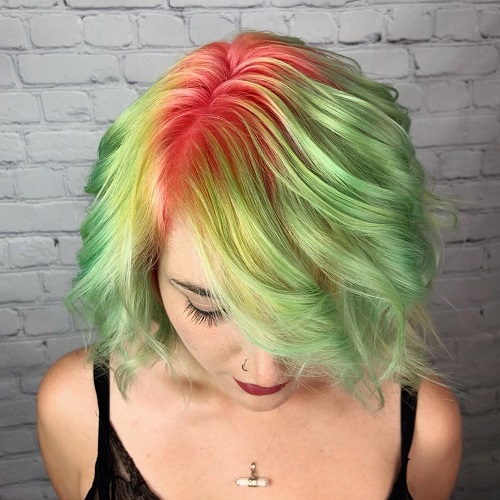 short green bob with pink watermelon roots