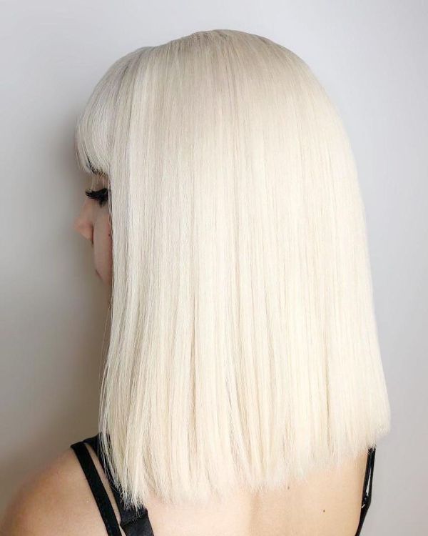 straight medium blunt white chocolate hair with bangs
