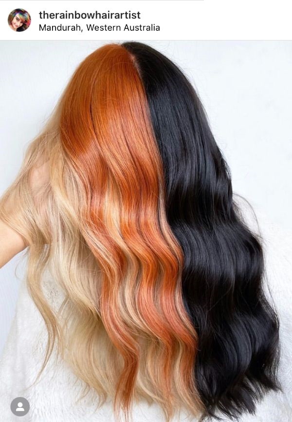 black and pumpkin spice color block hair