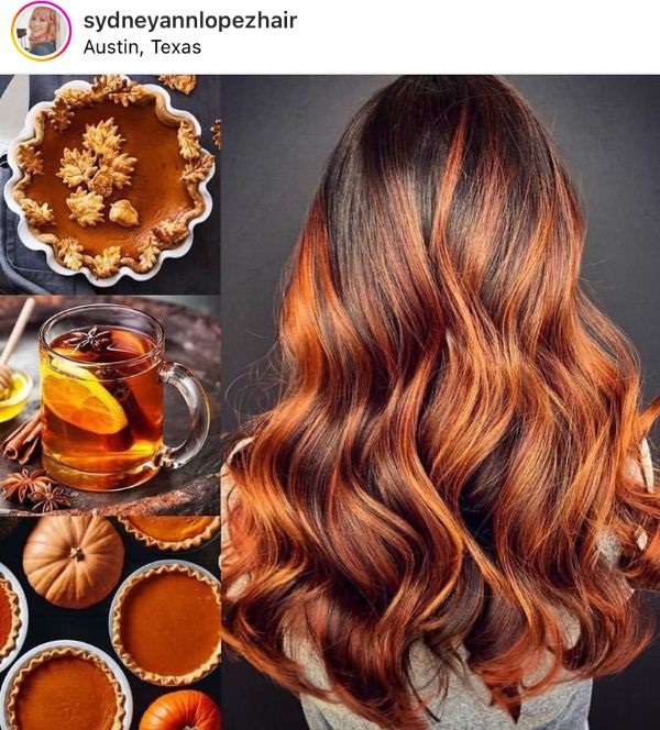 pumpkin spice hair highlights on dark brunette hair