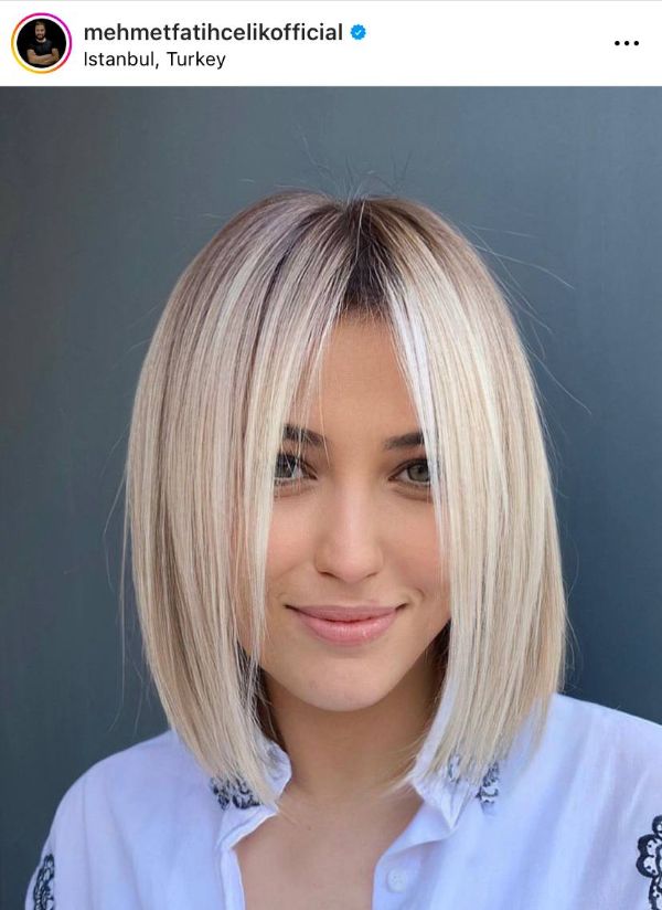 short fine hair bob with root smudge