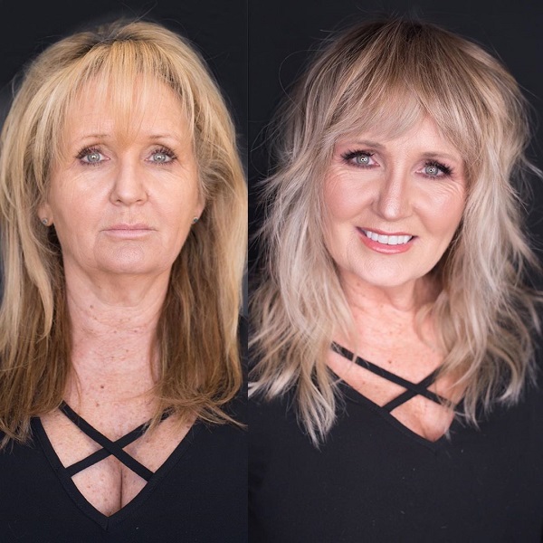 medium haircut for women over 50 with wispy bangs