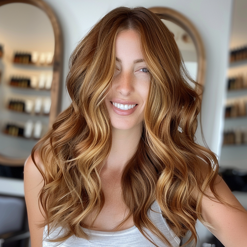 deep chestnut auburn brown hair with blonde highlights golden undertone