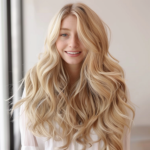 long wavy hair in light golden blonde tone color