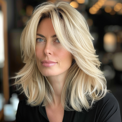 voluminous layered bob blonde color over 40