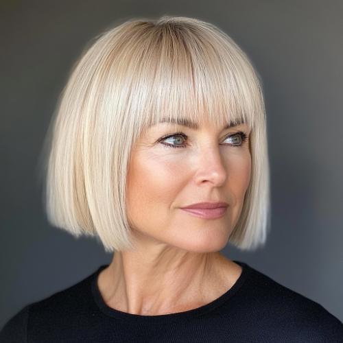 short blunt cut with flirty fringe short haircut older woman