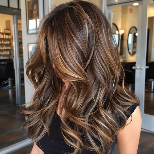 espresso brown hair with blonde streaky highlights golden undertone