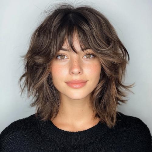 Shoulder-Length Layered Tousled Waves with Fringe