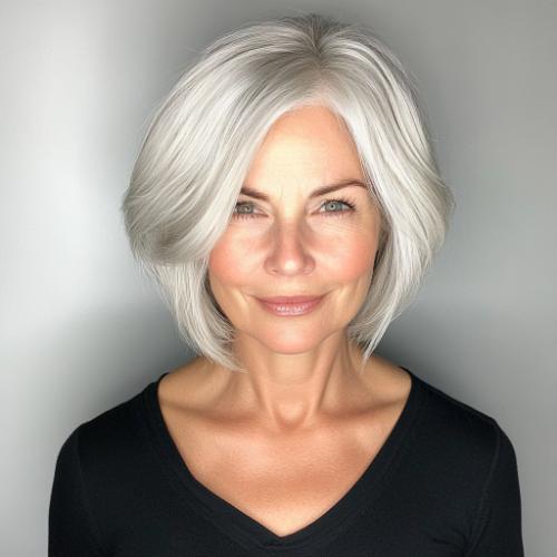 short silver layered bob short hairstyle older woman