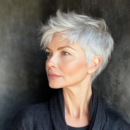 short silver undercut pixie short haircut older woman