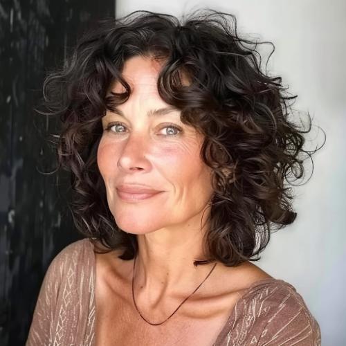 Brown Brunette Curly Haircut for Women over 60