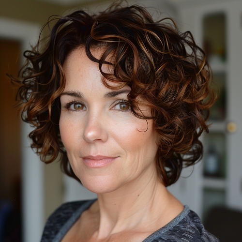 brunette curly bob woman over 50