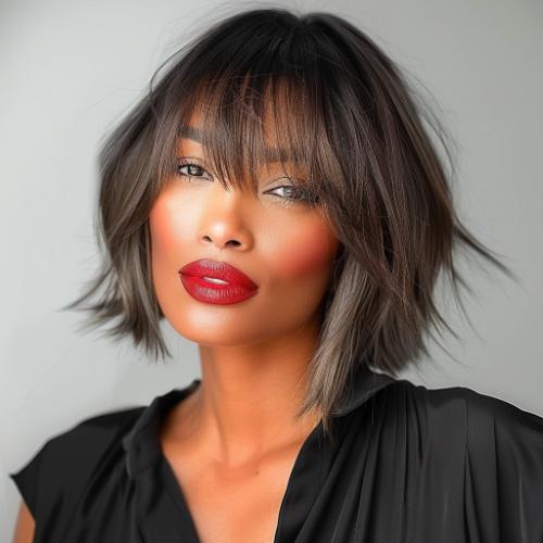 Textured bob with bangs on older black woman