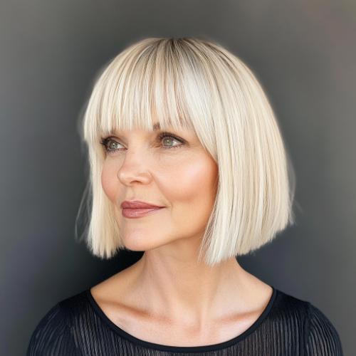 blonde short blunt cut bob short hairstyle older woman