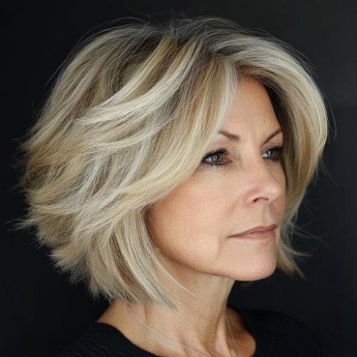 short voluminous stacked bob short haircut older woman