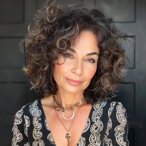 long dark curly hair woman over 50