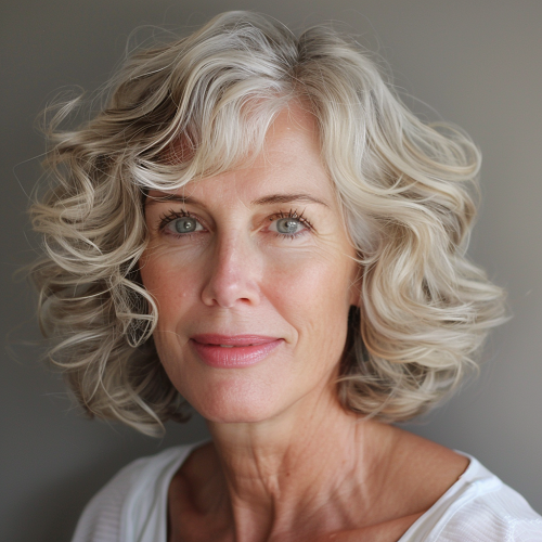 Blonde curly bob woman over 50