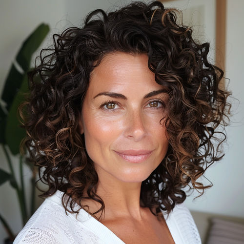 Espresso-brown curly hair woman over 50