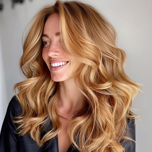 caramel honey blonde long wavy hair