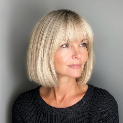 classic short blonde bob with bangs short hairstyle older woman