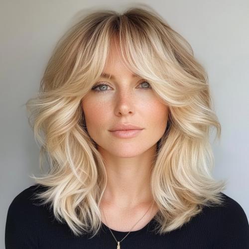 Mid-Length Layered Blonde Lob with Curtain Bangs