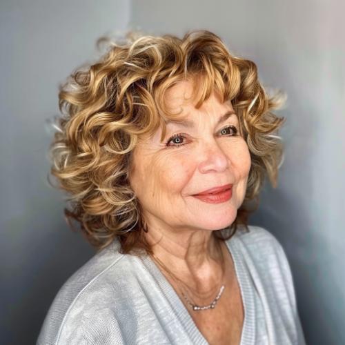 Caramel Blonde Curly Hairstyle for Women over 60