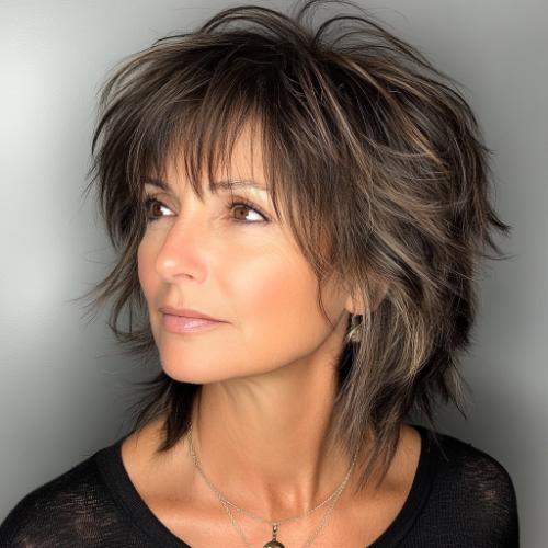 textured layered short shag cut short haircut older woman