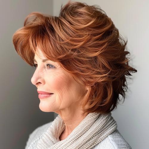 Feathered layers and short auburn hair on older woman