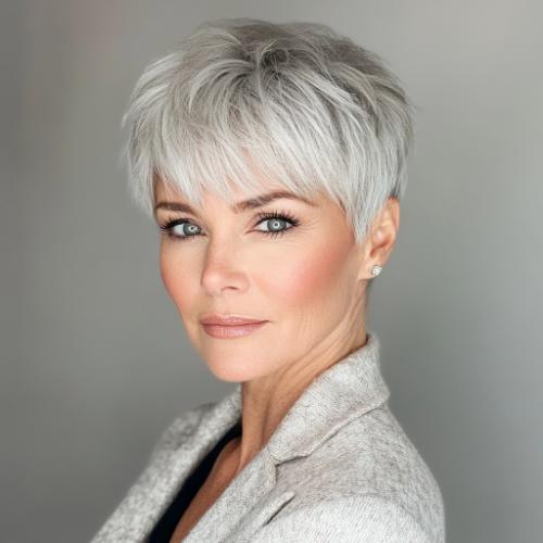 short choppy pixie with bangs short hairstyle older woman