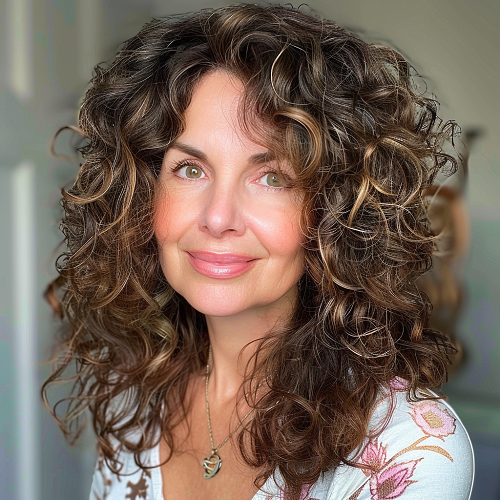 Deep rich brunette curly hair over 50