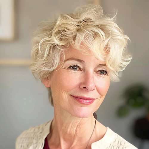 Blonde wavy pixie cut on a woman over 60