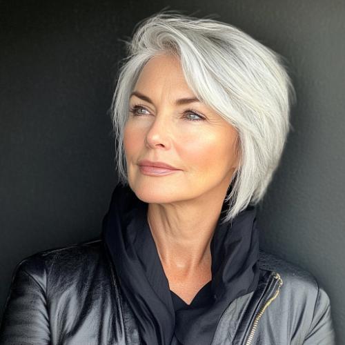 face framing short silver layers short haircut older woman