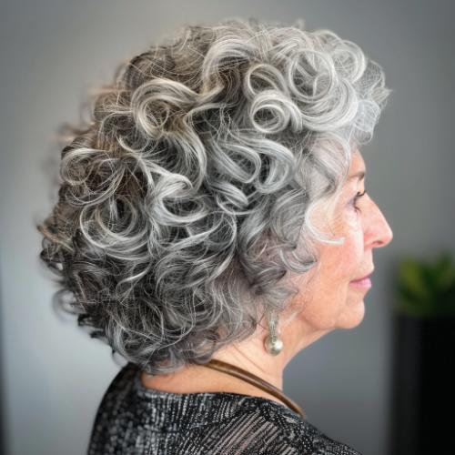 Salt-and-pepper Curly Hairstyle for Women over 60