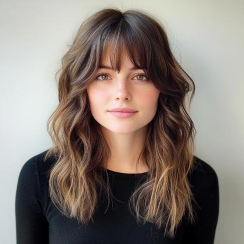 Effortless Medium Layered Beach Waves with Bangs