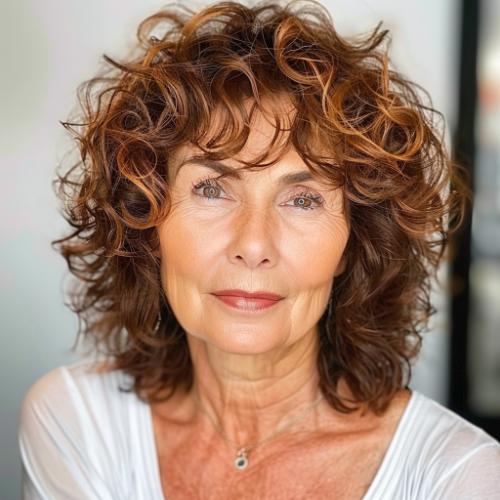 Brown Curly Hairstyle for Women over 60