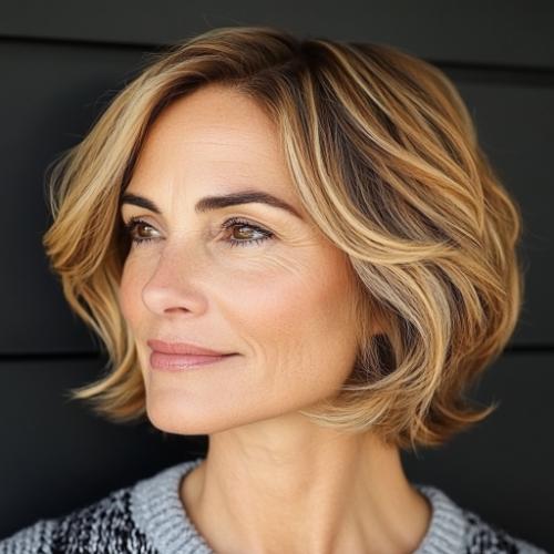 short textured bob with highlights short haircut older woman