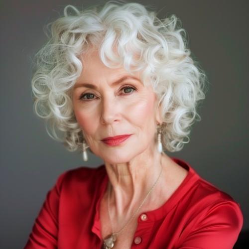 White-Platinum Curly Hairstyle for Women over 60