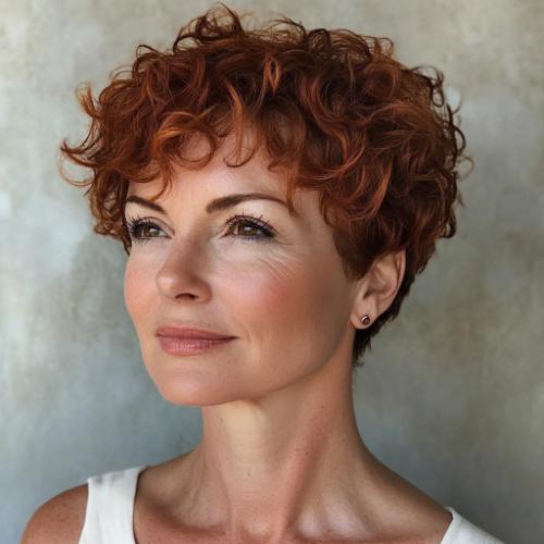 cropped curly pixie short hairstyle older woman