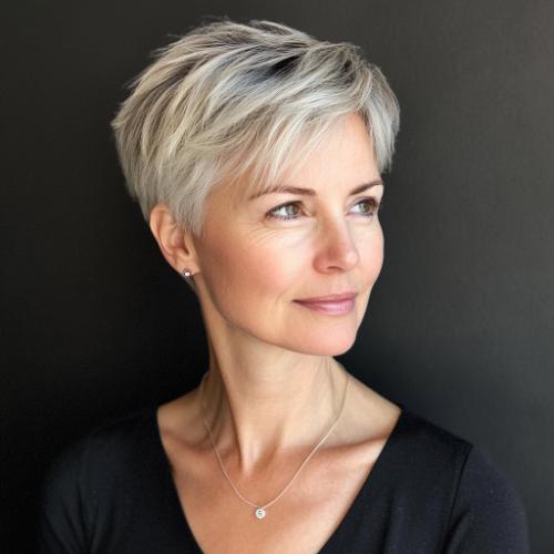 sleek layered pixie cut short hairstyle older woman