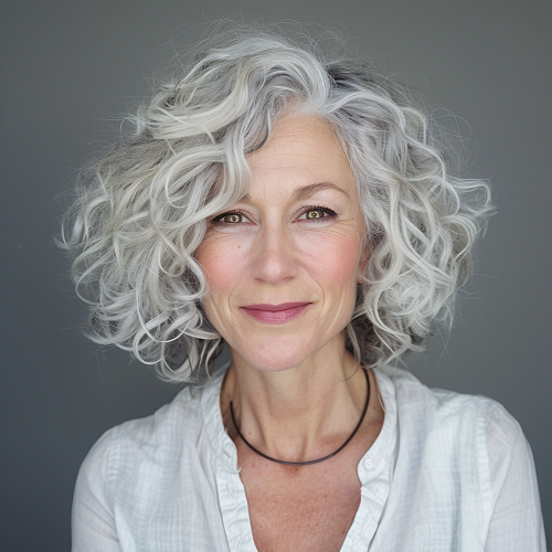 Asymmetrical curly bob woman over 50