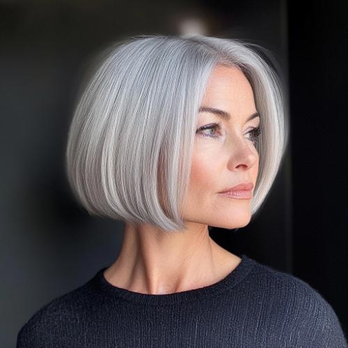 sleek silver ear-length bob short hairstyle older woman