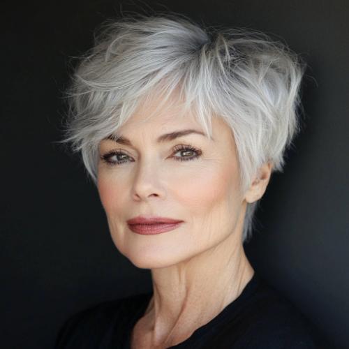 short playful tousled silver pixie short haircut older woman