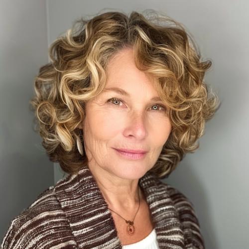 Bob with Highlights Curly Hairstyle for Women over 60