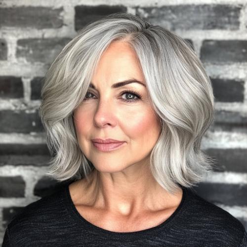 silver wavy short bob short hairstyle older woman