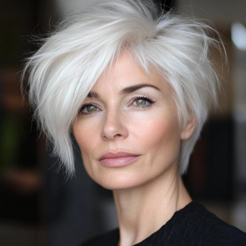 edgy asymmetrical pixie short haircut older woman