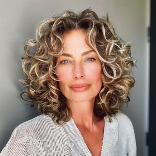 Lob Curly Hairstyle for Women over 60