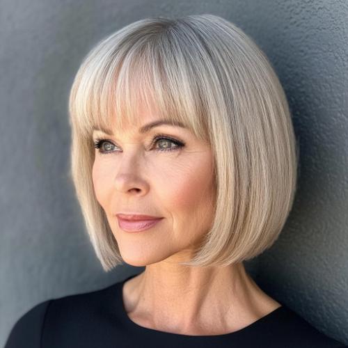 chin-length short bob with bangs short hairstyle older woman